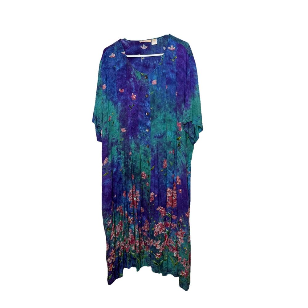 La Cera Maxi Dress Floral Tie Dye 3X Blue Rayon Button Front Boho Pockets